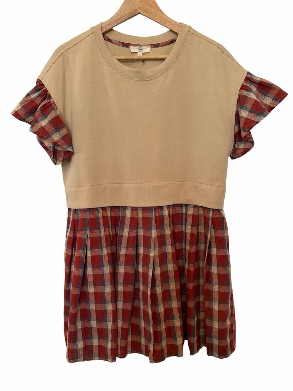 Entro Dress L Beige Red Plaid Pleated Skirt Ruffle Slv Pockets Colorblock Mini